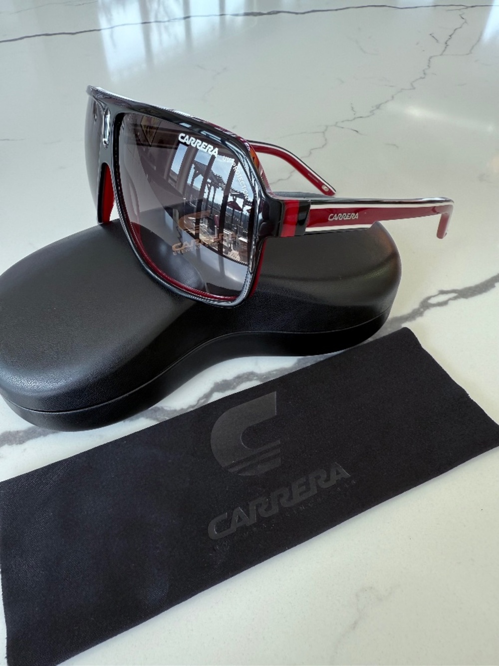 New Carrera 27 Aviator Sunglasses XAV90 Gloss Black/Red, Grey Gradient
